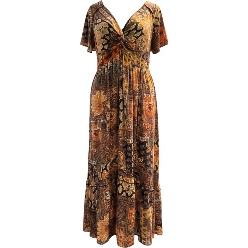 Angie Maxi Dress Brown Floral Tiered Twist Front Maxi 1X Boho Chic Fall Event